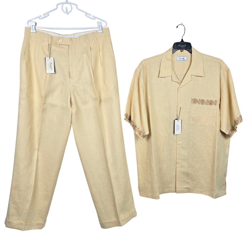 Bergati Italian Collection Mens 2 Piece Linen Set Beige/Cream Embroidered XL 38